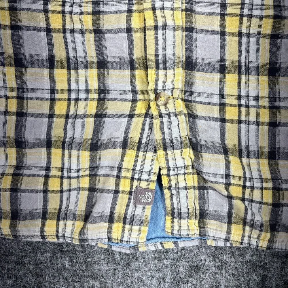 North‎ Face Shirt Mens Large Yellow Plaid Button-Up Lined Short sleeved Casual
